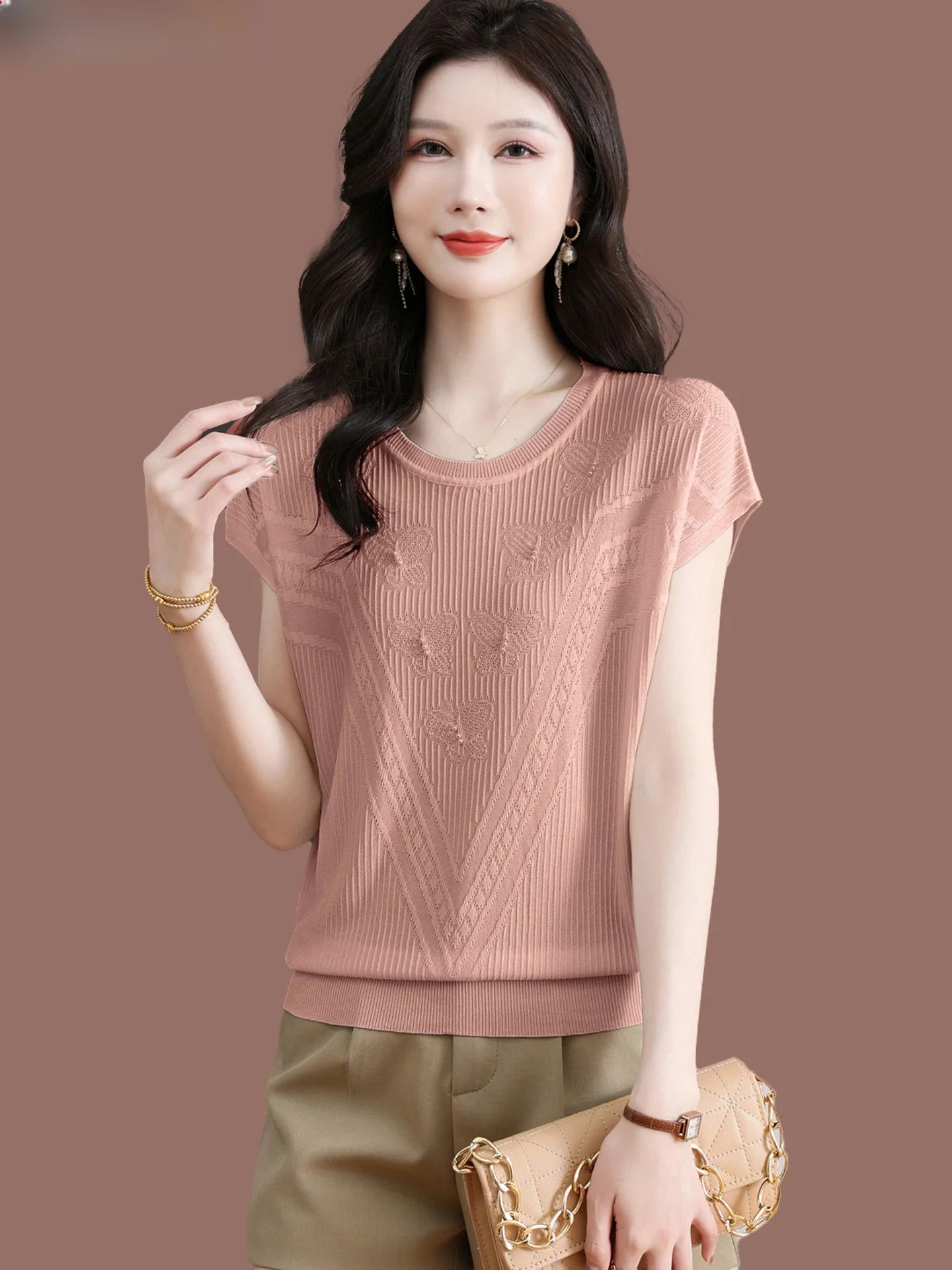 

Вязаный топ Ele Ice Silk круглый Ne Svel, летняя новая женская футболка из шелка 53% влажность ng, корейский Sle