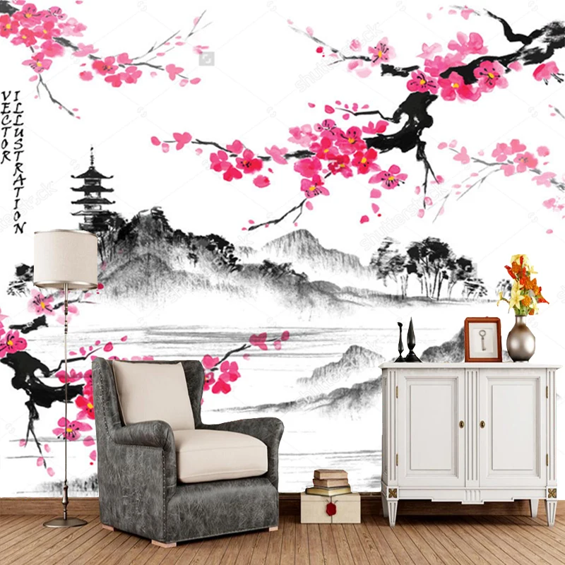 Customized product tower landscape wallpaper Landscape with pink sakura branches retro mural living room bedroom background wall