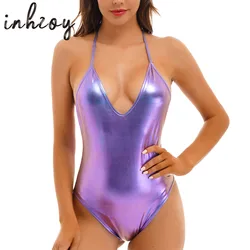 Women Shiny Leotard Bodysuit Swimsuit Sleeveless Backless Stage Performance Dance Costume Monokini Swimwear