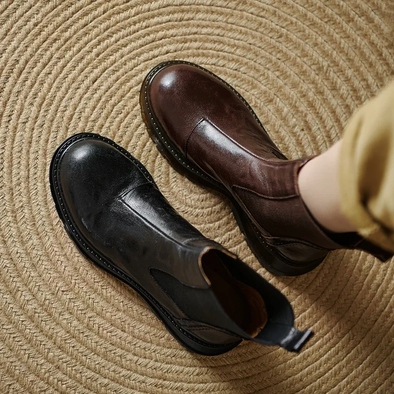 2026 new autumn winter women ankle boots natural leather plus size 22-25cm sheepskin round toe platform chelsea boots fashion