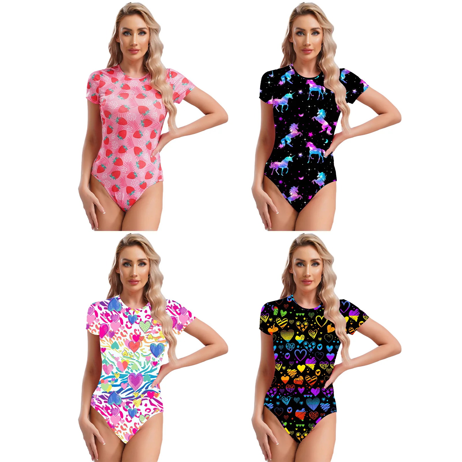 Women Cute Printed One Piece Bodysuits Short Sleeve Snap Crotch Leotard Top Shaperwear Anime Kawaii Costume Y2K Girls Dress-up