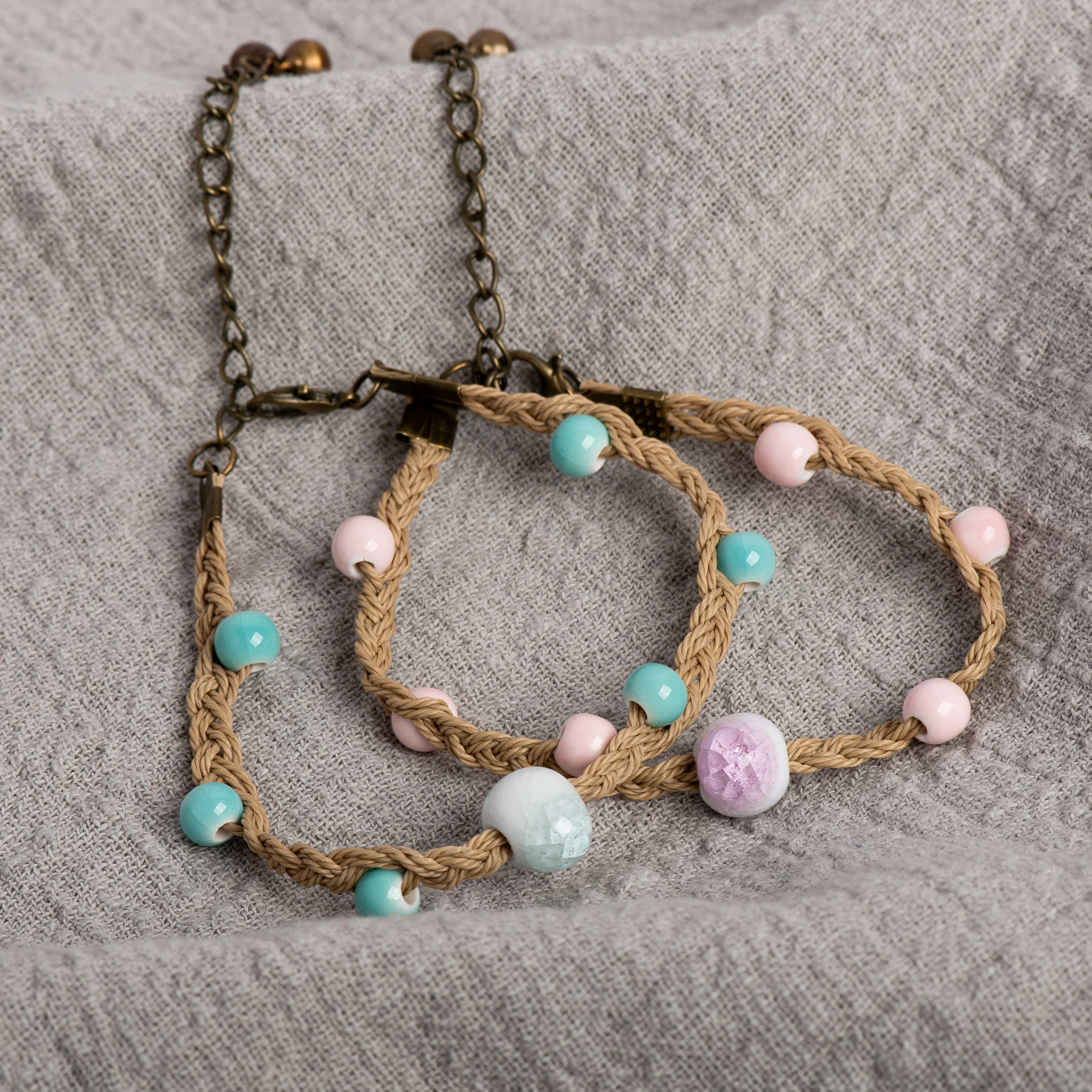 Braided Knot Ceramic Bracelet Handmade Adjustable Jewelry in Crackle Blue and Pink Vintage Jewelry gifts regalo