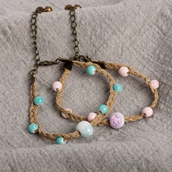 Braided Knot Ceramic Bracelet Handmade Adjustable Jewelry in Crackle Blue and Pink Vintage Jewelry gifts regalo