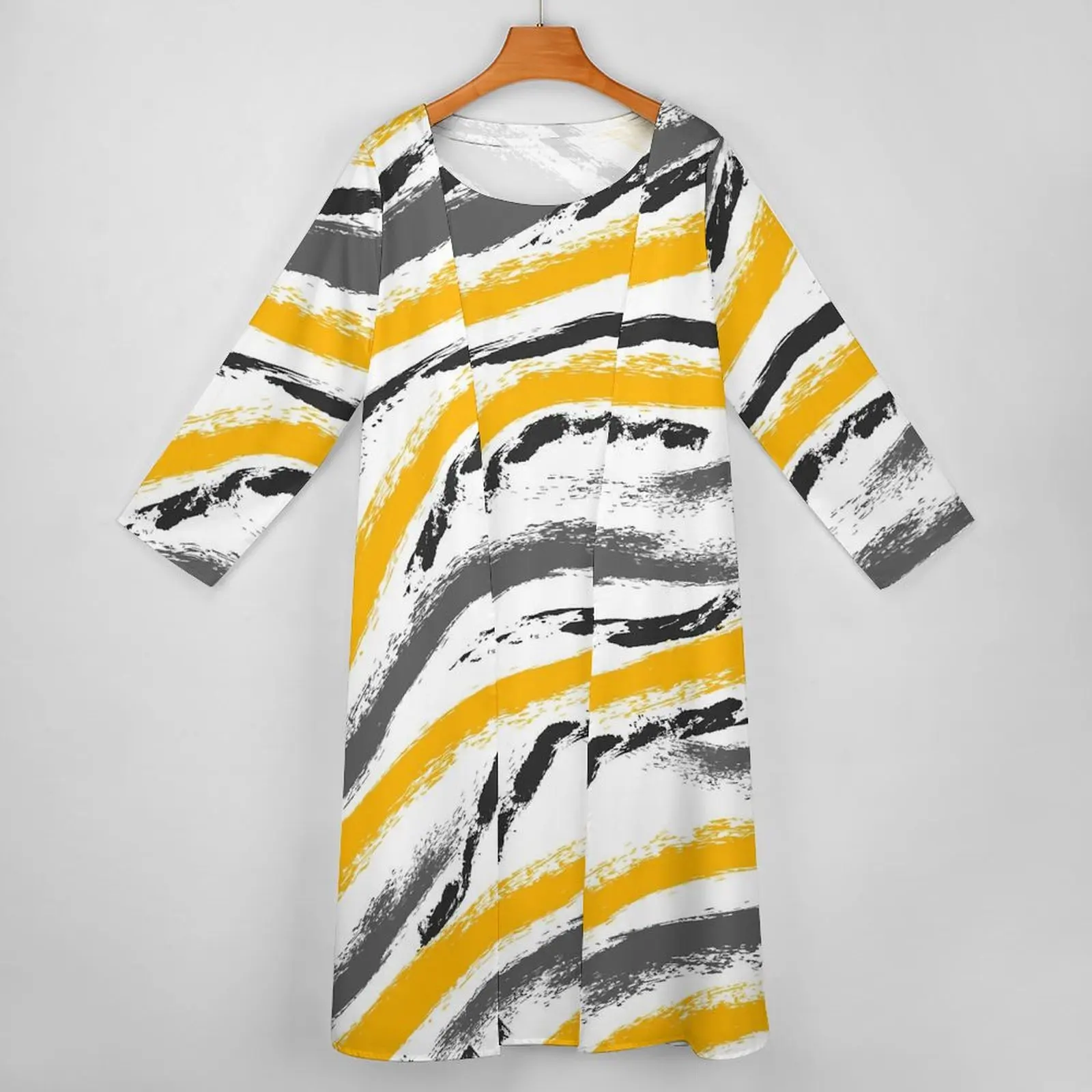 Abito strutturato a pennello Autunno giallo e nero Moda coreana Boho Beach Abiti lunghi Donna Grafica Abito maxi carino Taglia grande 4XL