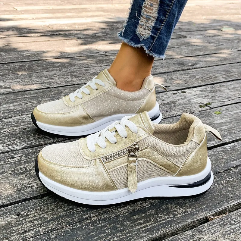 Casual Breathable Mesh Lace Up Sports Sneakers Women 2025 Autumn Fashion Zip Decoration Running Shoes Soft Wedge Heel Sneakers