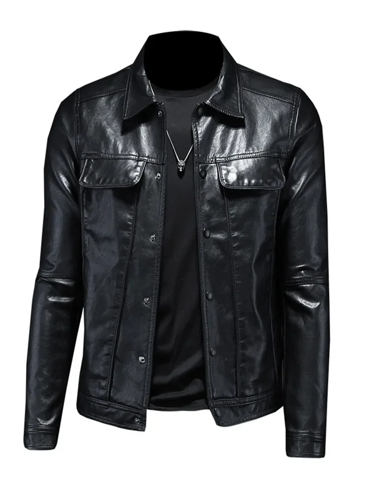 2023 Spring and Autumn Men\'s Fashion Polo Neck Motorcycle Leather Coat Slim Fit Men\'s Leather Coat Versatile Fashion Jacket