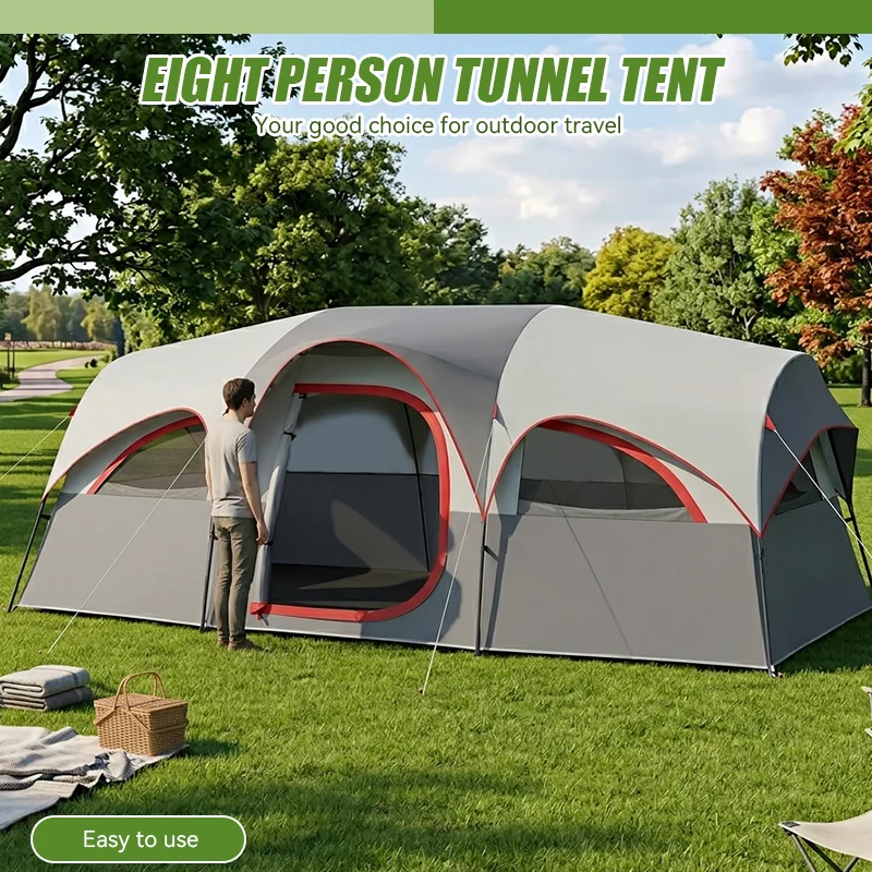 8‑Person Cabin Camping Shelter, Roomy Family Tent with Breathable Mesh Windows for Outdoor Group Gatherings