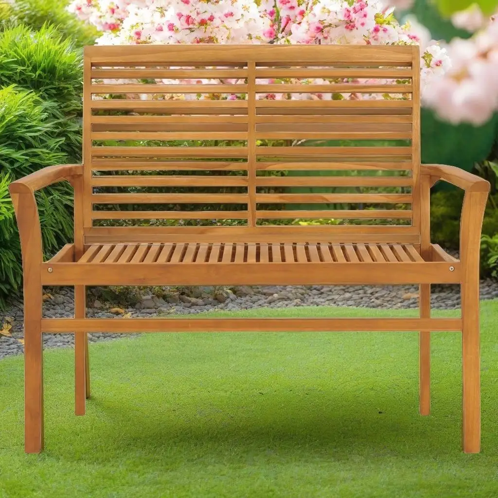 Teak Wood Patio Bench with Cream Cushion - 44.1” Outdoor Seating