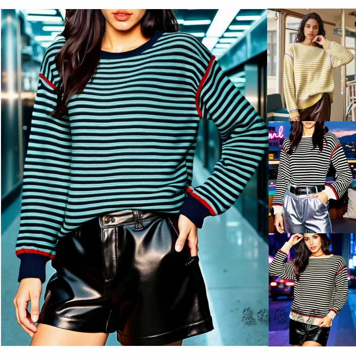

Осень-зима 2025 г., свободный полосатый вязаный топ, полосатый пуловер с круглым вырезом, новый вязаный свободный свитер с длинными рукавами, Европа, Америка