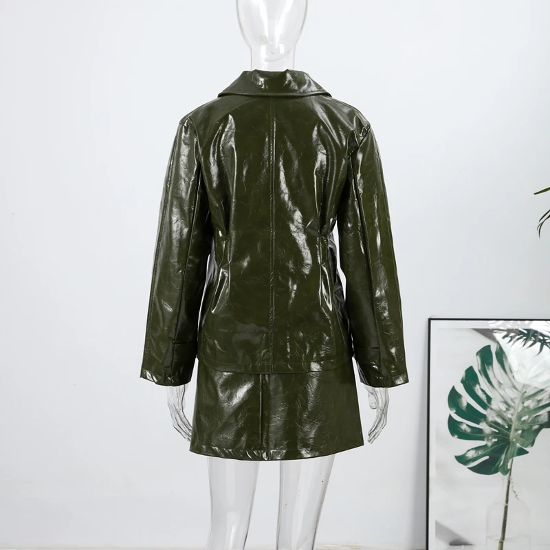 Damen Leder-Minirock-Anzug mit Langarm-Reversjacke und figurbetontem Rock, Frühjahr/Herbst 2026 Motorrad-Outfit – Detail 3