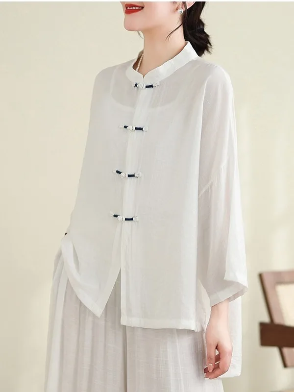 

Retro Thin Shirt Large Size Women's Casual Asymmetrical Sleeve Stand Collar Open Cardigan Summer Fashion Commute Style Loose Fit