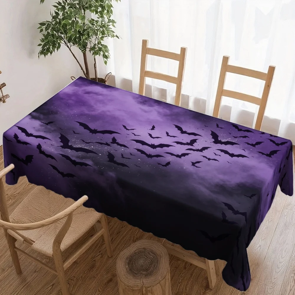 Halloween Rectangle Table Cloth Purple Mist Background Flock Bats Starry Sky Table Cover for Holiday Party Halloween Table Decor