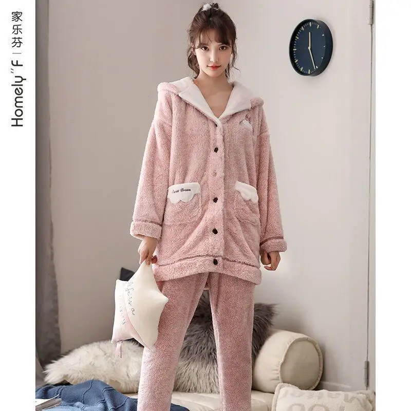 

Women Pajama Set Winter Coral Fleece Thick Warm Flannel Homewear Cute Long Hoodie Kawaii Fashion Trendy New Hot Popular Quality