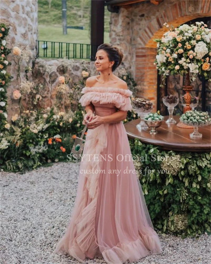 Elegancka różowa tiulowa sukienka na przyjęcie SSYTENS, z odkrytymi ramionami, warstwowa sukienka na bal maturalny, sukienka wieczorowa dla gościa weselnego, suknia formalna, szyta na miarę.