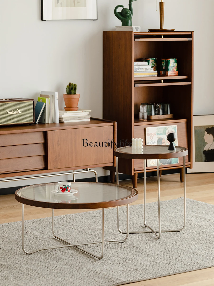 

Nordic Glass Coffee Table Set Small Apartment Solid Wood Simple Round Square Living Room