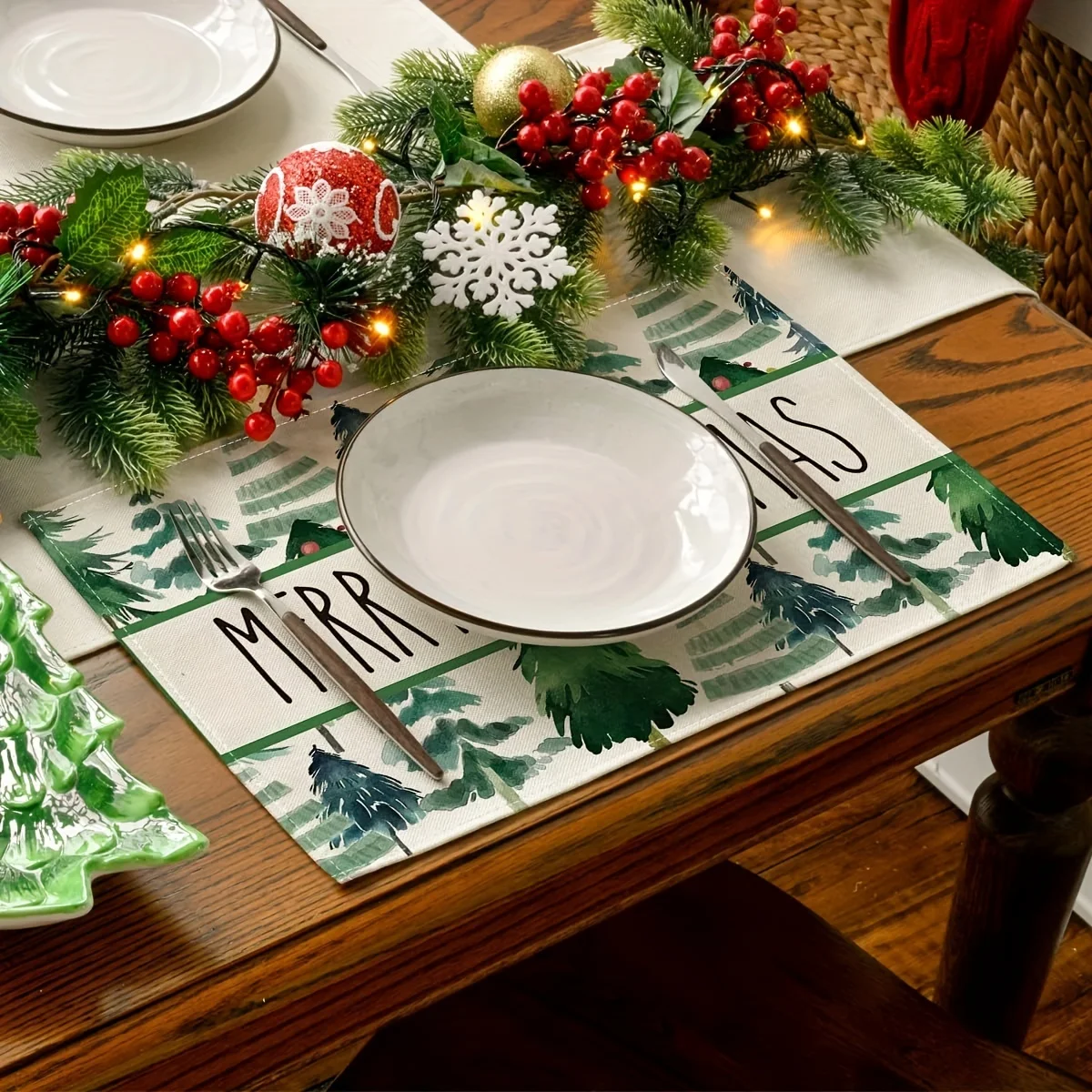 1pcs Watercolor Green Trees Merry Christmas Linen Blend Placemats Set - Seasonal Winter Holiday Table Mats