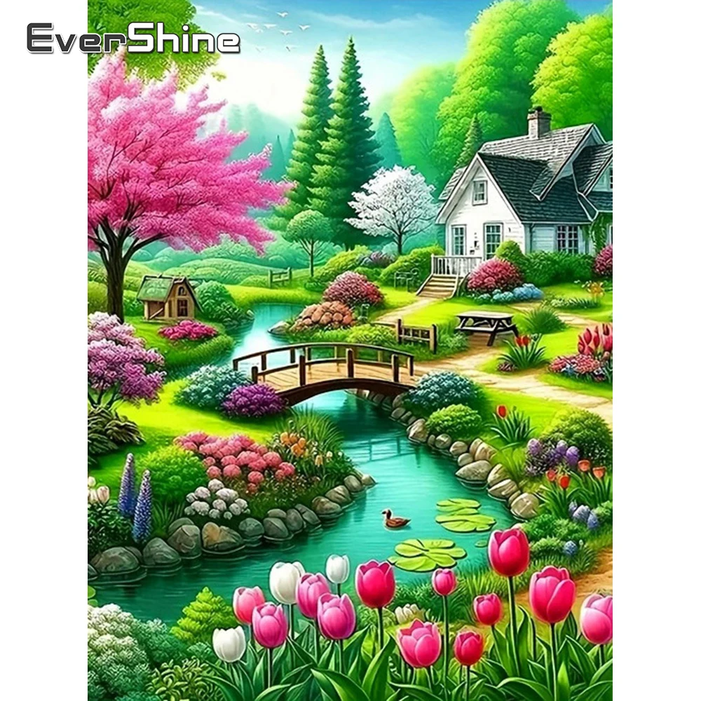 EverShine Diamant-Gemälde, Landschaft, voller Bohrer, quadratisch, Mosaik, Baum, Bild von Strasssteinen, Stickerei, Haus, Heimdekoration