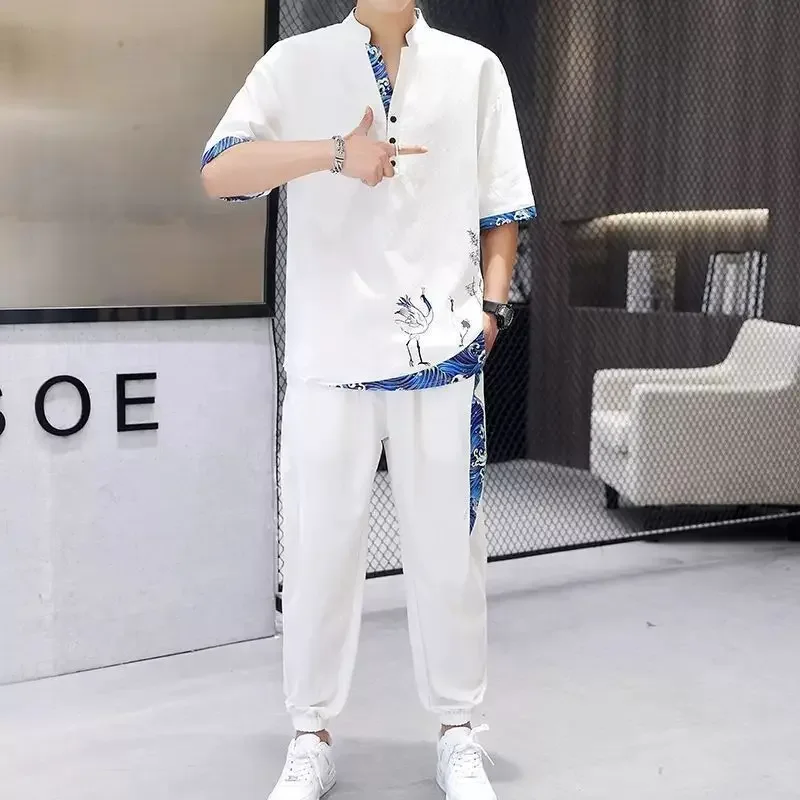 

White T-shirts Pants Suits for Men Nylon Print Graphic Cheap Clothes Casual Stylish Two-piece Set Fashion 2025 Man Trousers Sets