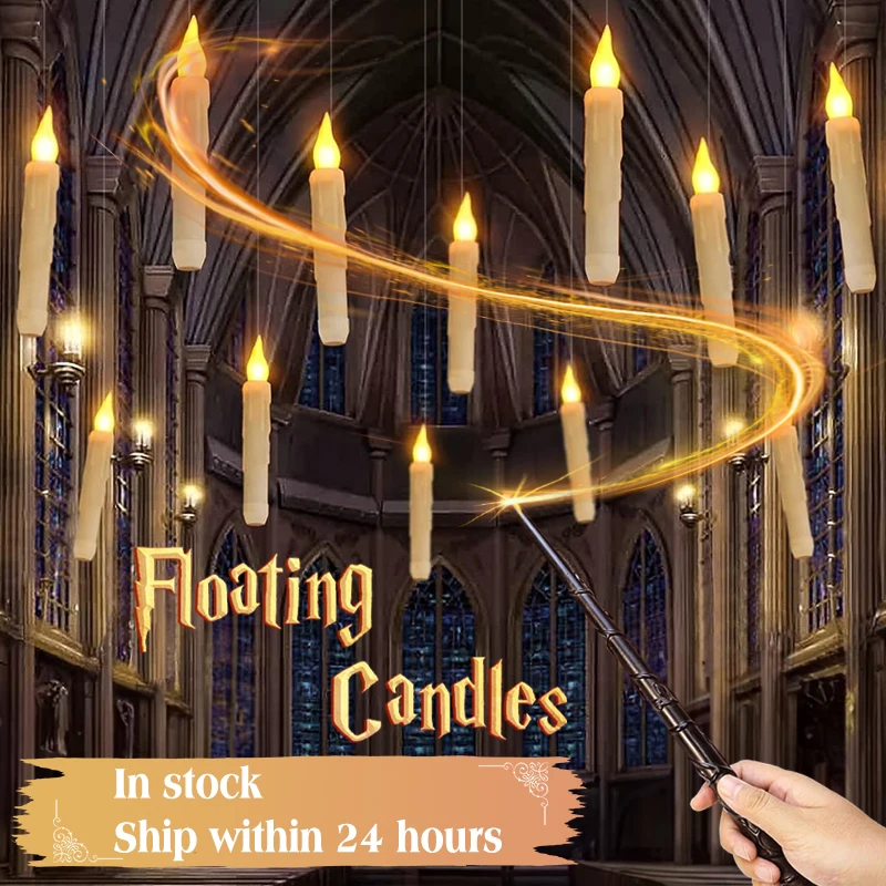 LED Flameless Floating Candles With Magic Wand Remote Battery Operated Flickering Hanging Candle Wedding Valentine Party Decor