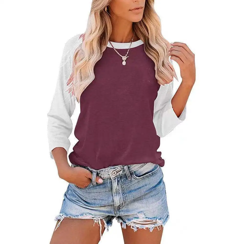 Women's Summer Autumn Color-block Round-neck Raglan-sleeve Three-quarter-length T-shirt