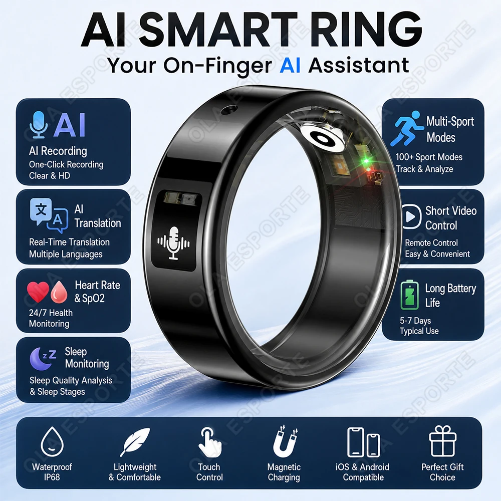 Recording Smart Ring Heart Rate Blood Oxygen Real-time Monitoring AI Translation Multiple Sports Modes Video Controlled Ring New