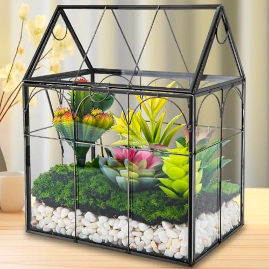 

Glass Plant Terrarium with Lid Geometric House-Shaped Indoor Greenhouse for Succulents, Snails, Ferns, Moss; Clear Glass Tablet