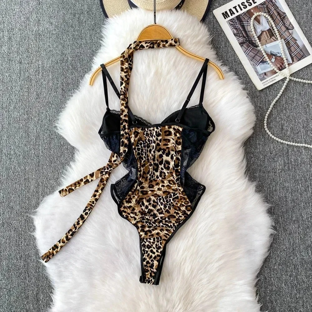 Women Hotsweet V-neck Leopard Slim Vintage Straps Bodysuits Chic Lace Slim Jumpsuits Comfortable Fashion Underwear view 3