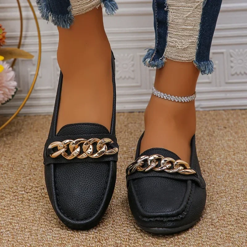 Brand Women Shoes 2024 Hot Sale Lafers Comfort Sofe Women's Flats Fashion Chain Round Bean Flats Trend Versatile Shoes Zapatos