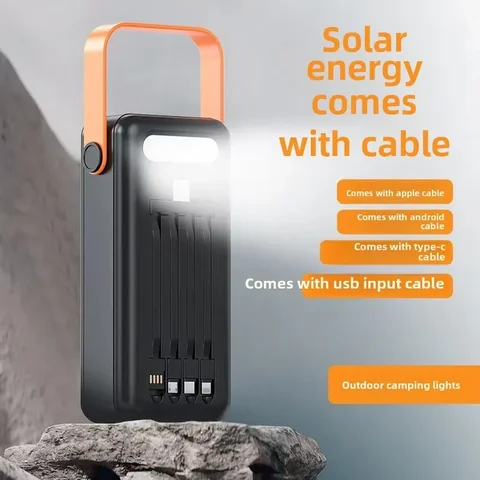BCAK Solar Power Bank Власный кабель 50000 мАч 200000 мАч Большая емкость Открытый портативный мобильный телефон Источник питания для мобильных устройств