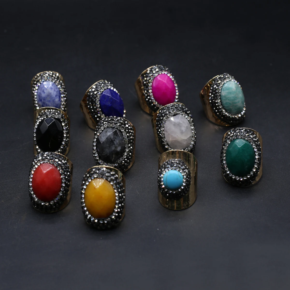 

Vintage Natural Stone Rings Adjustable Plated Diamond Agates Open Finger Rings for Women Men Party Wedding Jewelry 30x21mm