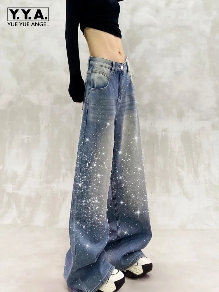 

Fashion Women Spring New Shiny Diamond Design Jeans High Waist Loose Straight Wide Leg Pants Pocket Casual Blue Denim Trousers