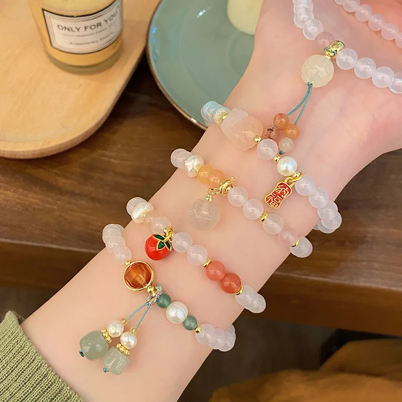 Sweet Fresh Mori Princess Style Natural White Agate New Chinese Lotus Persimmon Pi Xiu Bracelet