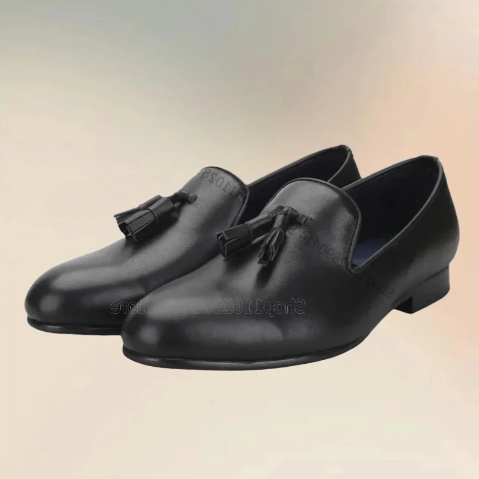 

Black Tassels Decor Matte Leather Men Loafers Fashion Slip On Men Shoes Luxurious Handmade Party Banquet Office Men Dress Shoes