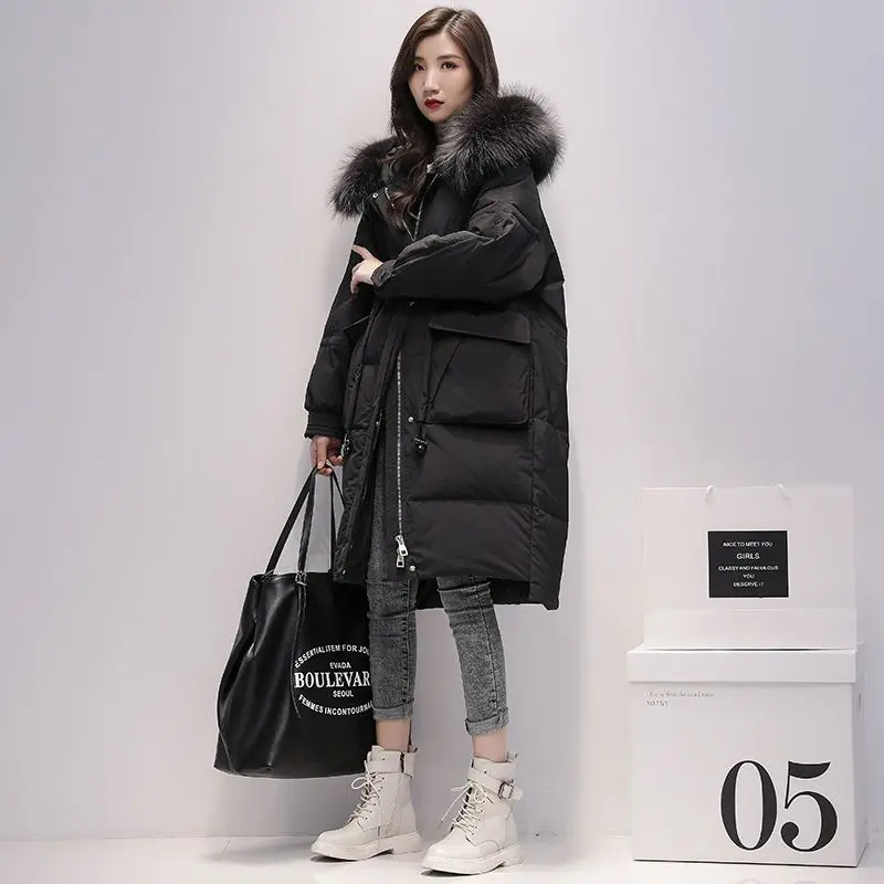 2022 Winter New Medium length White Duck Down Down Jacket for Women Korean Loose Parka Coat Hooded Thickened Coat for Women