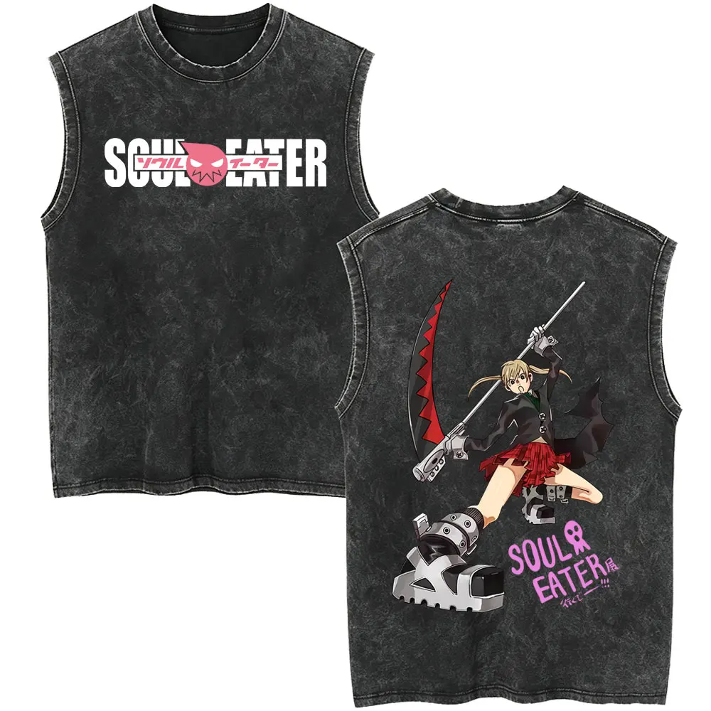 90s Anime Soul Eater Maka Albarn Vintage Washed Tank Tops Men Women Fashion Cartoon Oversized Sleeveless Vest T-shirt Streetwear