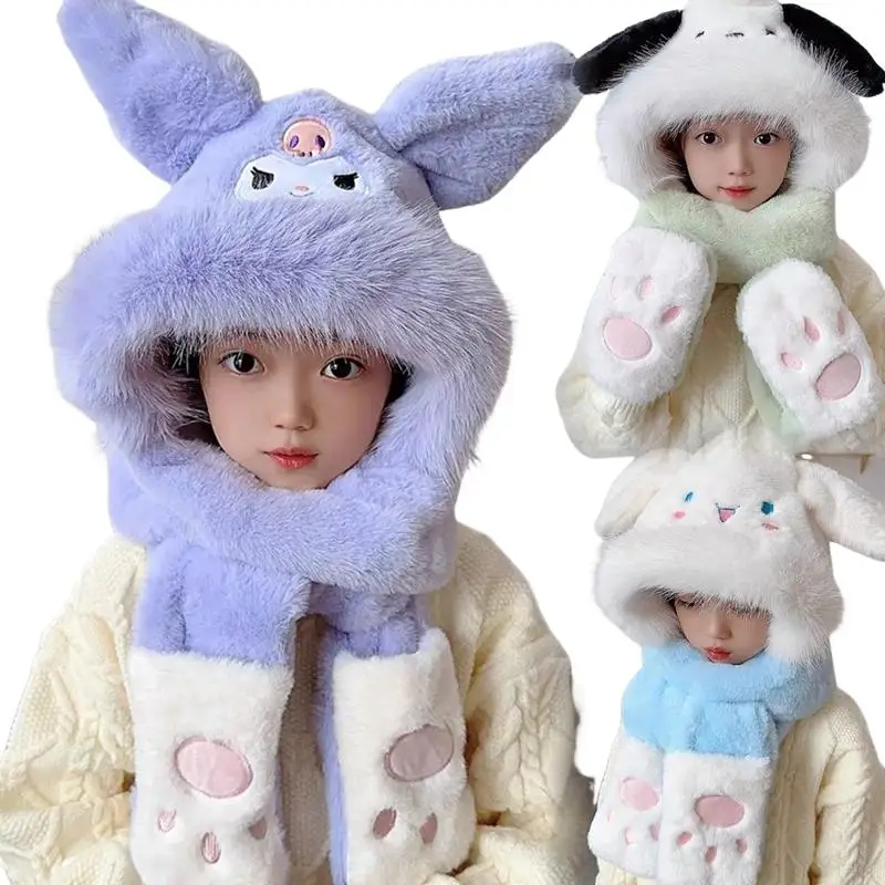 Sanrio Girl One Body Hat Kuromi My Melody Cinnamoroll Pochacco Scarf Gloves Keep Warm Winter Hat Cartoon Kawaii Cute Child Hat