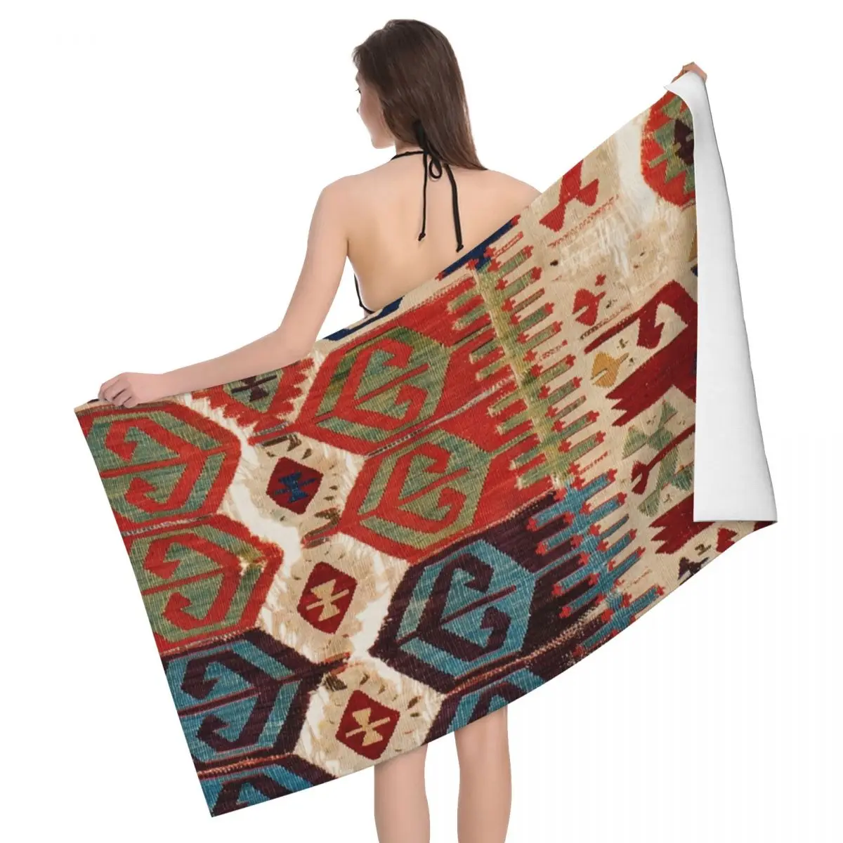 

Aksaray Tribal Antique Turkish Kilim Print Beach Towel Vintage Bohemian Ethnic Art Breathable Microfiber Bathroom Towels