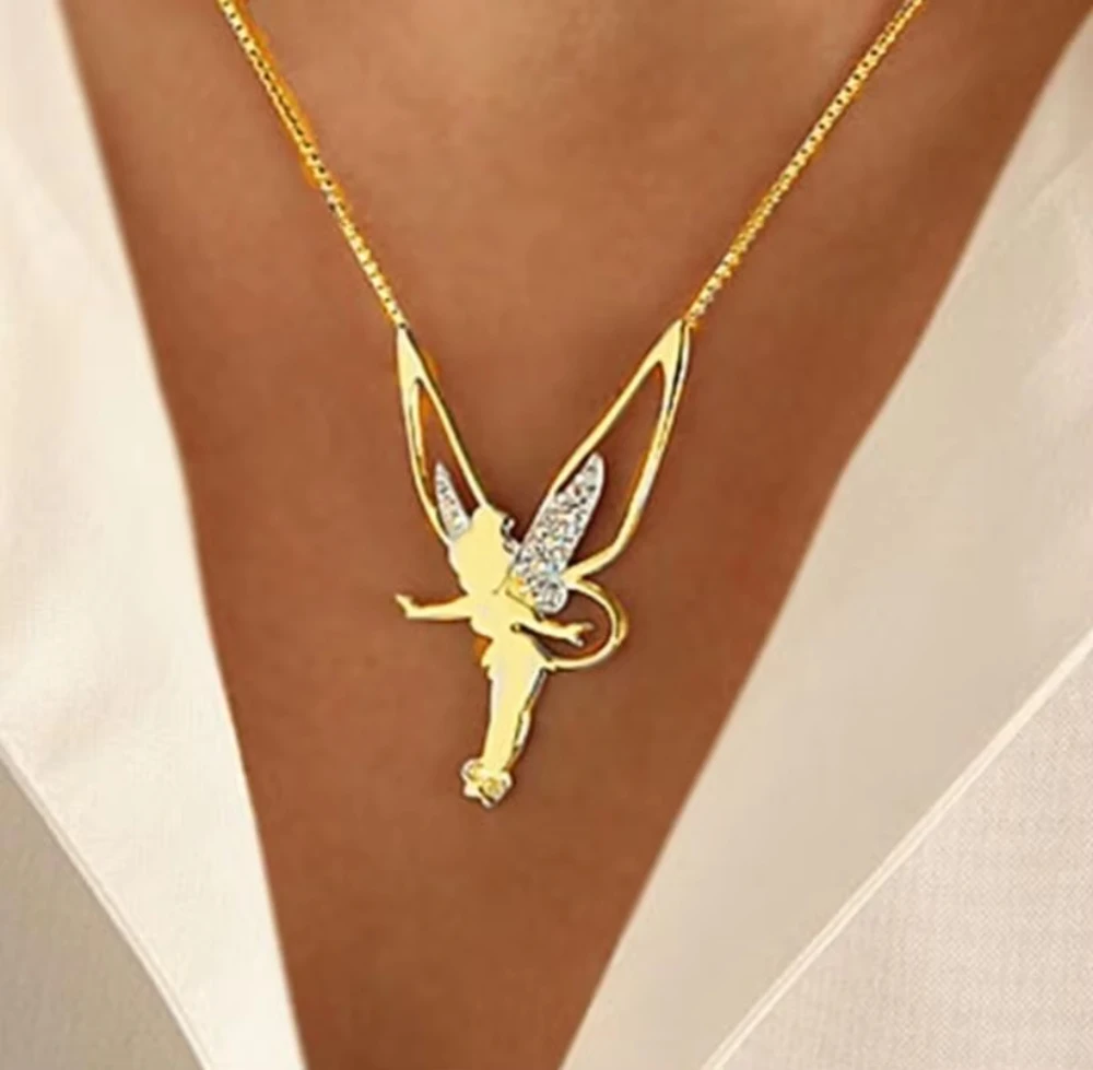 Luxuriöse Elfen-Engel-Strass-Metall-Glanz-Halskette mit Engelsflügel-Anhänger für Mädchen, Feen-Kette für Damen, personalisiertes Schmuckgeschenk