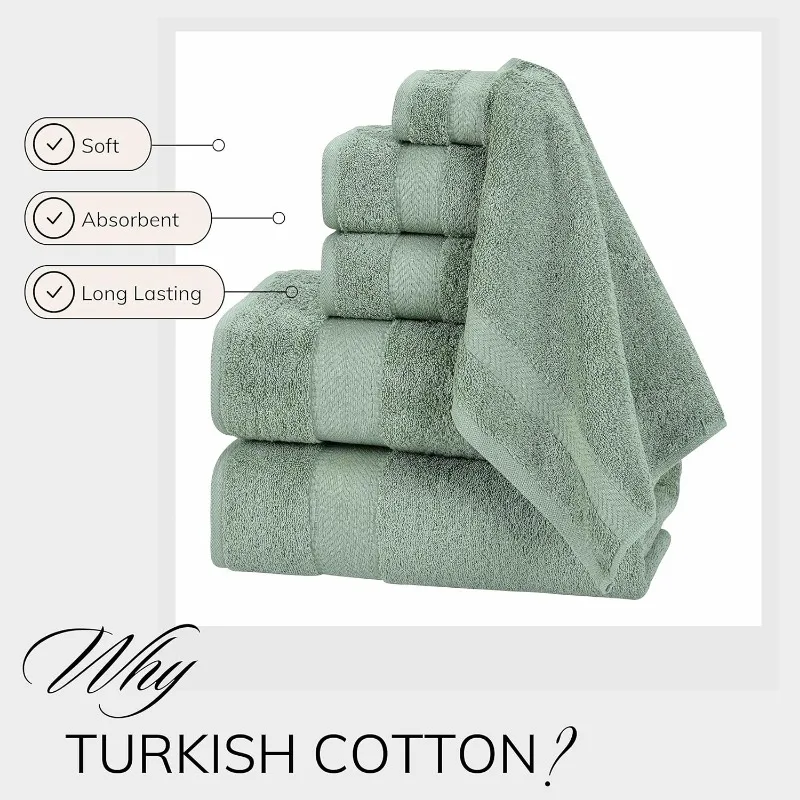 Turkish Cotton 6 Pcs Soft & Absorbent Bathroom Towels Set (2 Bath, 2 Hand Towels, 2 Washcloths)- Green