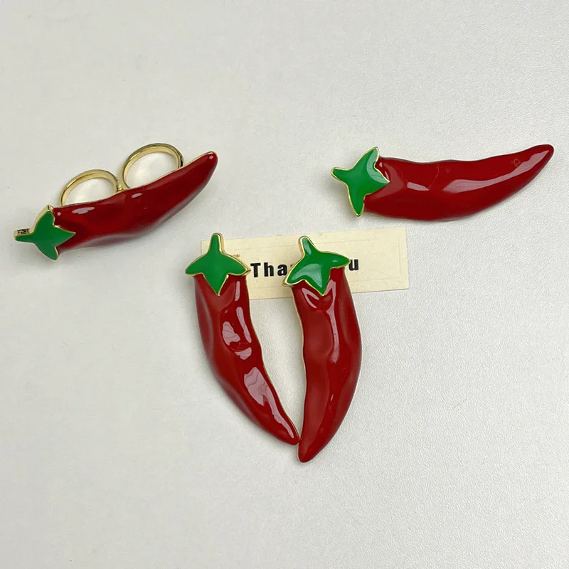 

Unique Exaggerated Red Pepper Earrings For Women Premium Touch Stud Brooch Ring