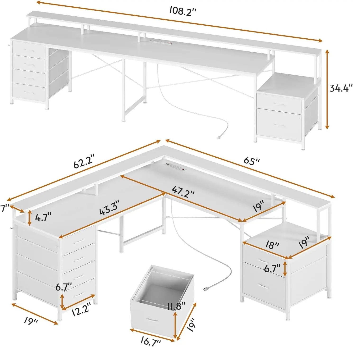 Bureau en forme de L avec 6 tiroirs, bureau à domicile de 108 pouces avec tiroir pour fichiers et prise de courant, bureau d'ordinateur d'angle avec étagère pour moniteur