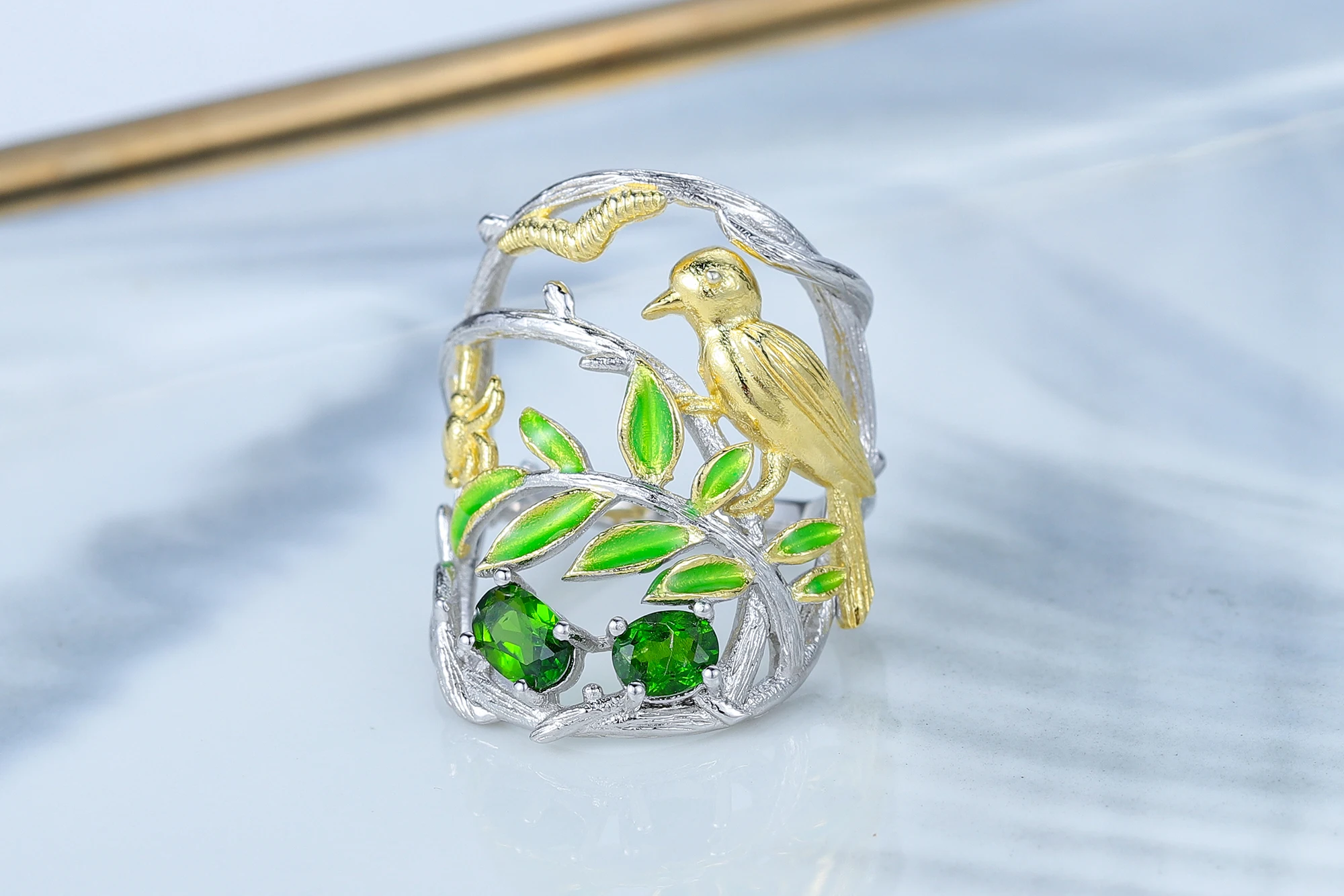 Famous Designers Popular Design Leaf Shaped Bird 925 Sterling Silver Natural Chrome Diopside Ring