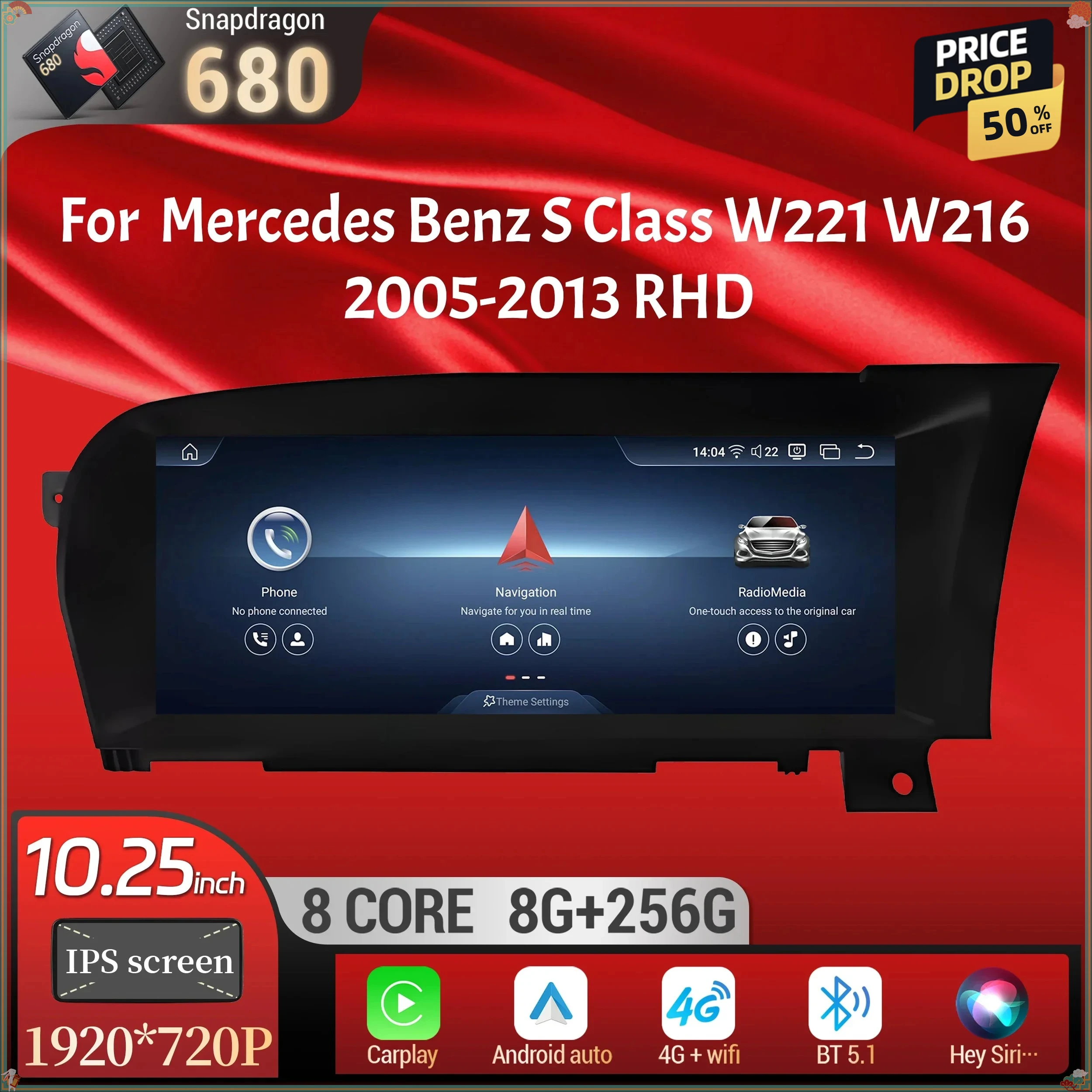 10.25inch For Mercedes Benz S Class W221 W216 2005-2013 Right Hand Drive Car Radio Android 14 BT Carplay Snapdragon 680 Screen