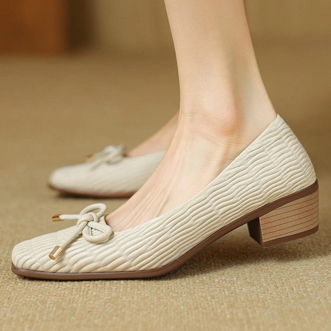 

Women's sheepskin square toe slip-on pumps 4cm thick low heel sweet bowtie elegant ladies high quality soft comfort heels shoes