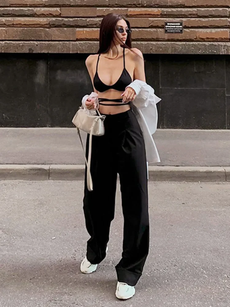 

Black Women Clothes Super Short Crop Tops Y2k Accessories Casual Streetwear Sexy Hollow Out Out Bandage Spaghetti Strap Camis