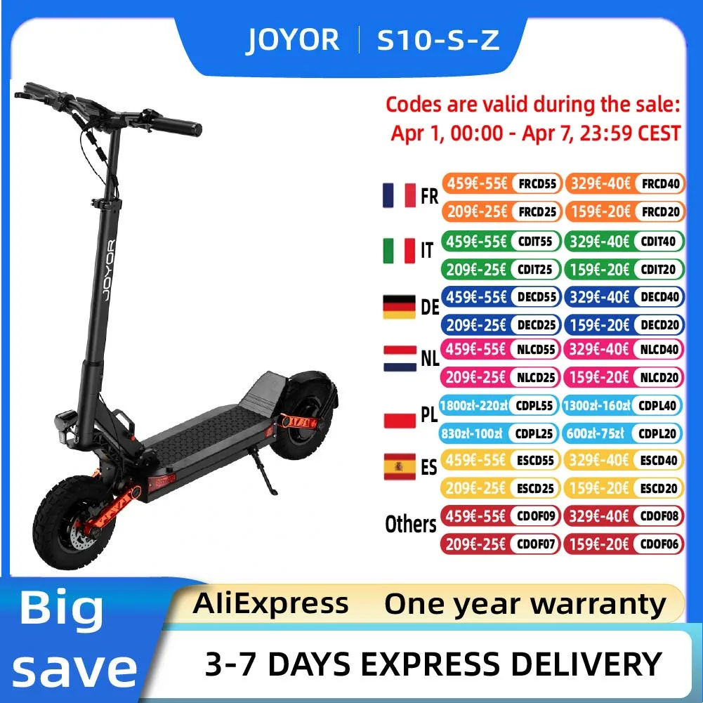 Trottinette électrique JOYOR S10-S-Z 60V 18Ah, double moteur 2000W, pneus de 10 pouces, pour adultes, vitesse maximale de 65 km/h et autonomie de 70-85 km