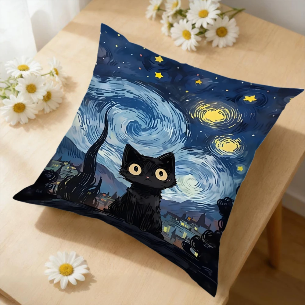 1pc Cartoon Black Cat Starry Night Cushion Cover Blue Yellow Art Pillowcase For Sofa Bed Home Decor Soft Square Throw Case