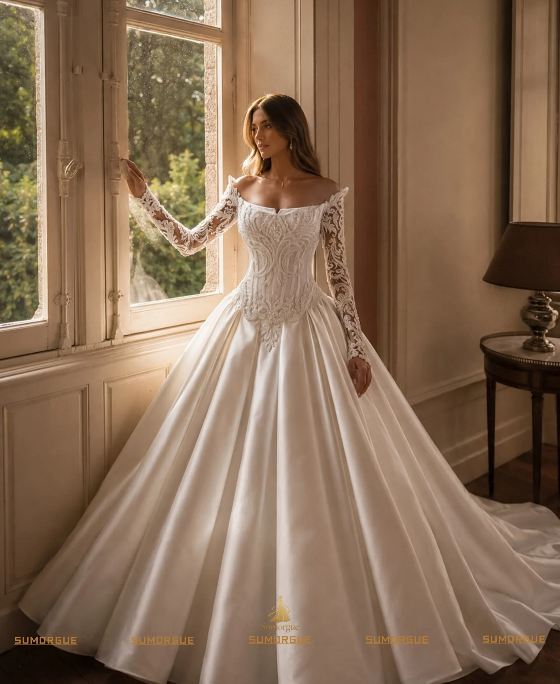 Romantic Off Shoulder Long Sleeves Princess Wedding Dress Ivory Crystal Bridal Gown high-end Customized Vestido De Noiva