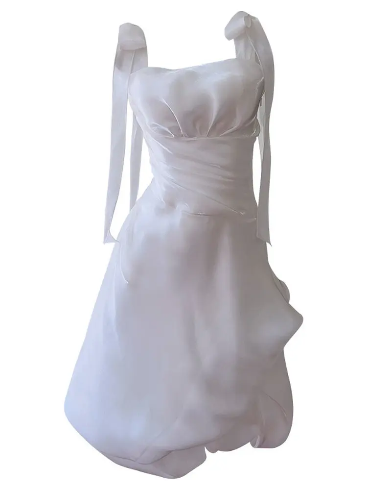 Primavera nuevo Sle Aaan corte Retro blanco een vestido de tela de cristal de cintura alta con cinturón Dr de capullo de flor de satén fluido para mujer