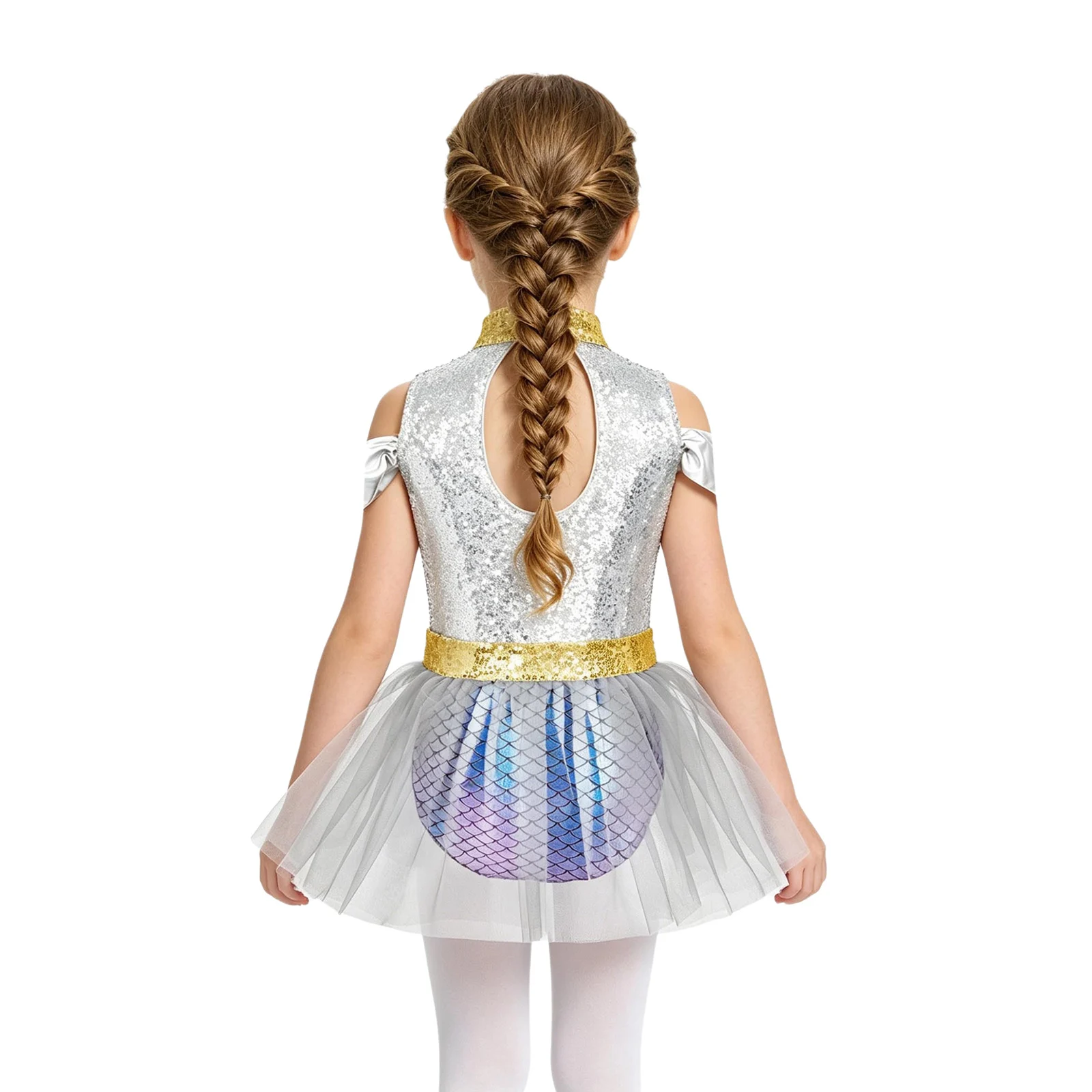 Children Girls Halloween Carnival Mermaid Costume Metallic Shiny Fish Scale Ballet Dance Dress Sequin Bow Tulle Leotard Tutu